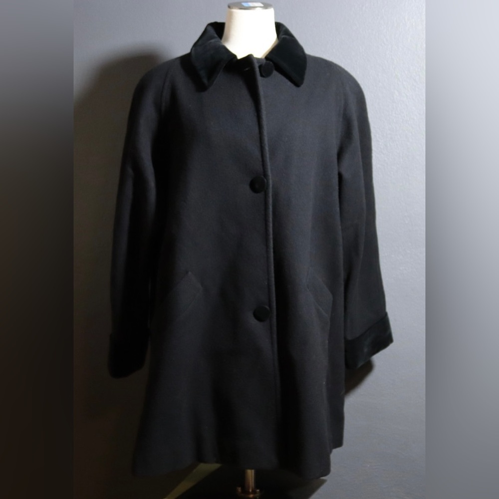 Herman Kay black wool coat with velvet trim, size large
